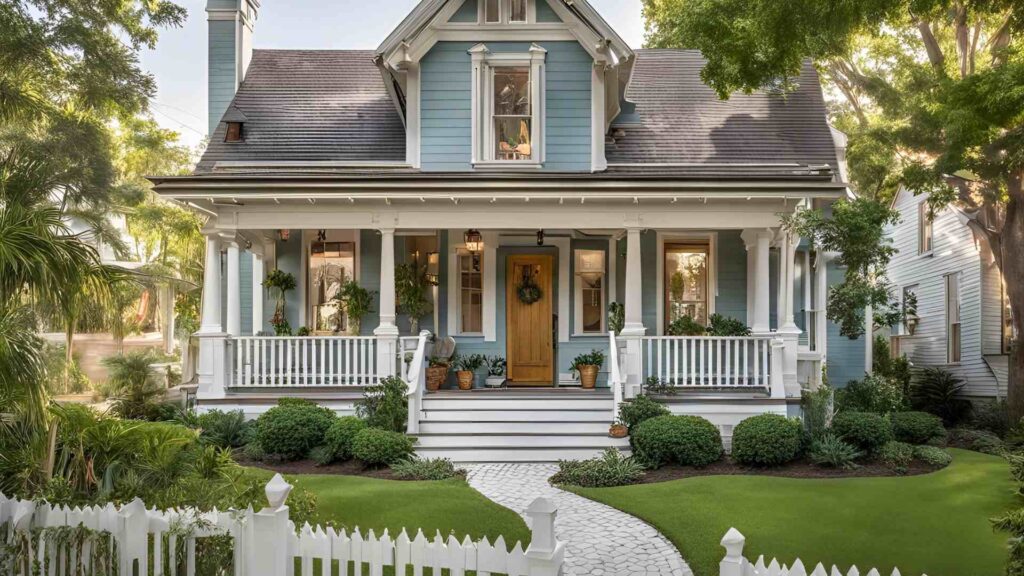 A blue house surrounded by a white picket fence and a white gate, creating a charming and inviting atmosphere.