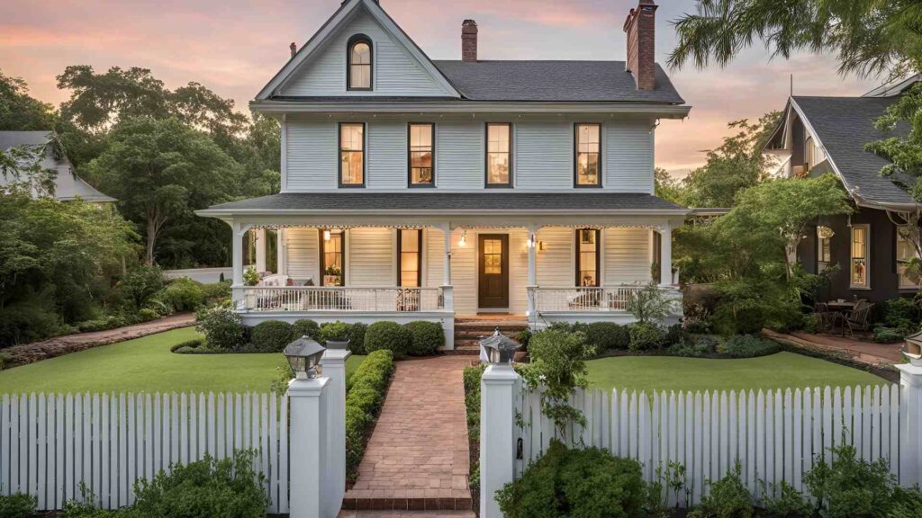 A charming white house surrounded by a picket fence and a white picket gate, embodying classic suburban aesthetics.