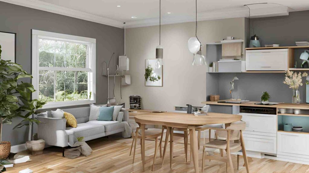 A contemporary kitchen and dining area featuring sleek appliances and stylish furnishings in a modern home setting.