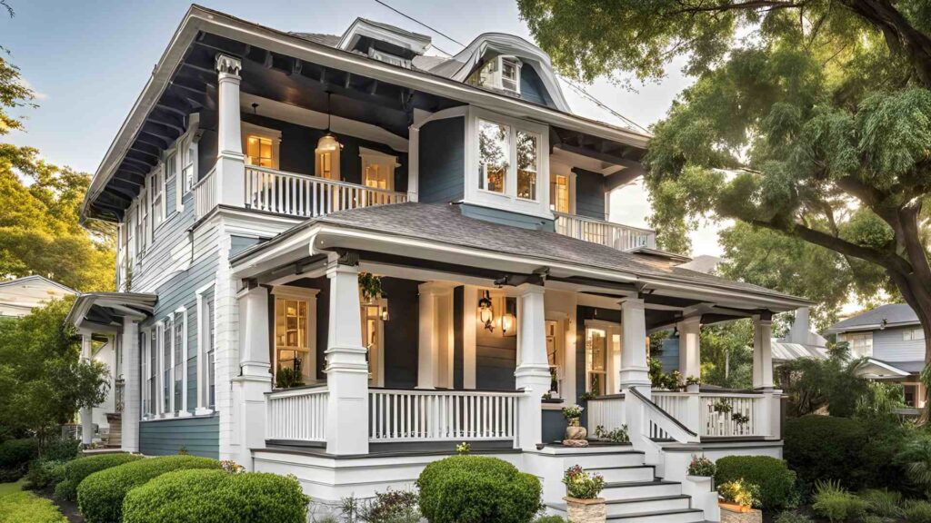 A stunning Victorian-style home featuring an inviting porch and a charming front yard.